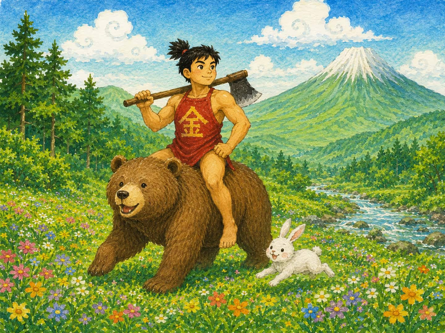 긴타로 삽화: 아시가라산에서 동물들과 자란 힘센 소년 긴타로가 오니를 물리치고 사무라이가 되는 일본 민담입니다.