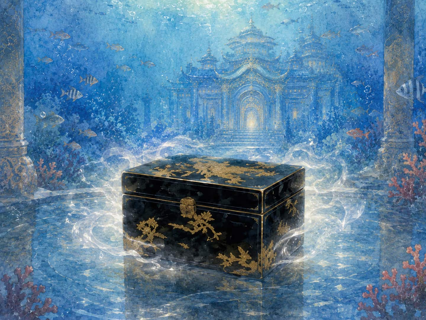 El tamatebako, la caja misteriosa de Urashima Taro, frente al palacio submarino Ryugu-jo