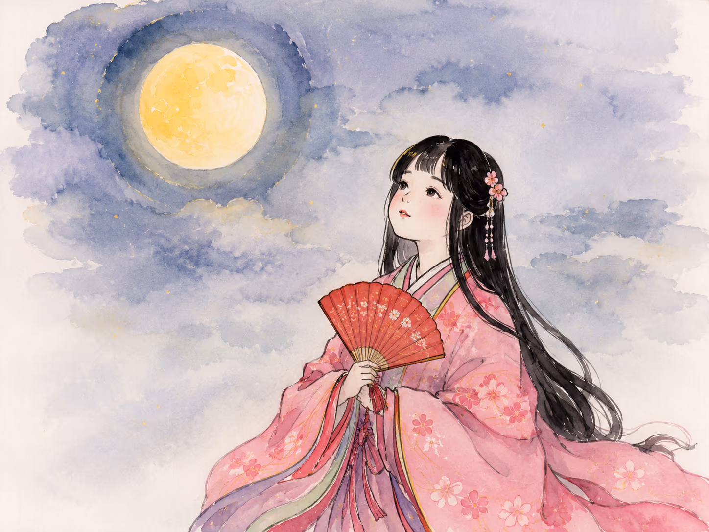 Princess Kaguya beneath the Moon in an illustration of the Japanese tale