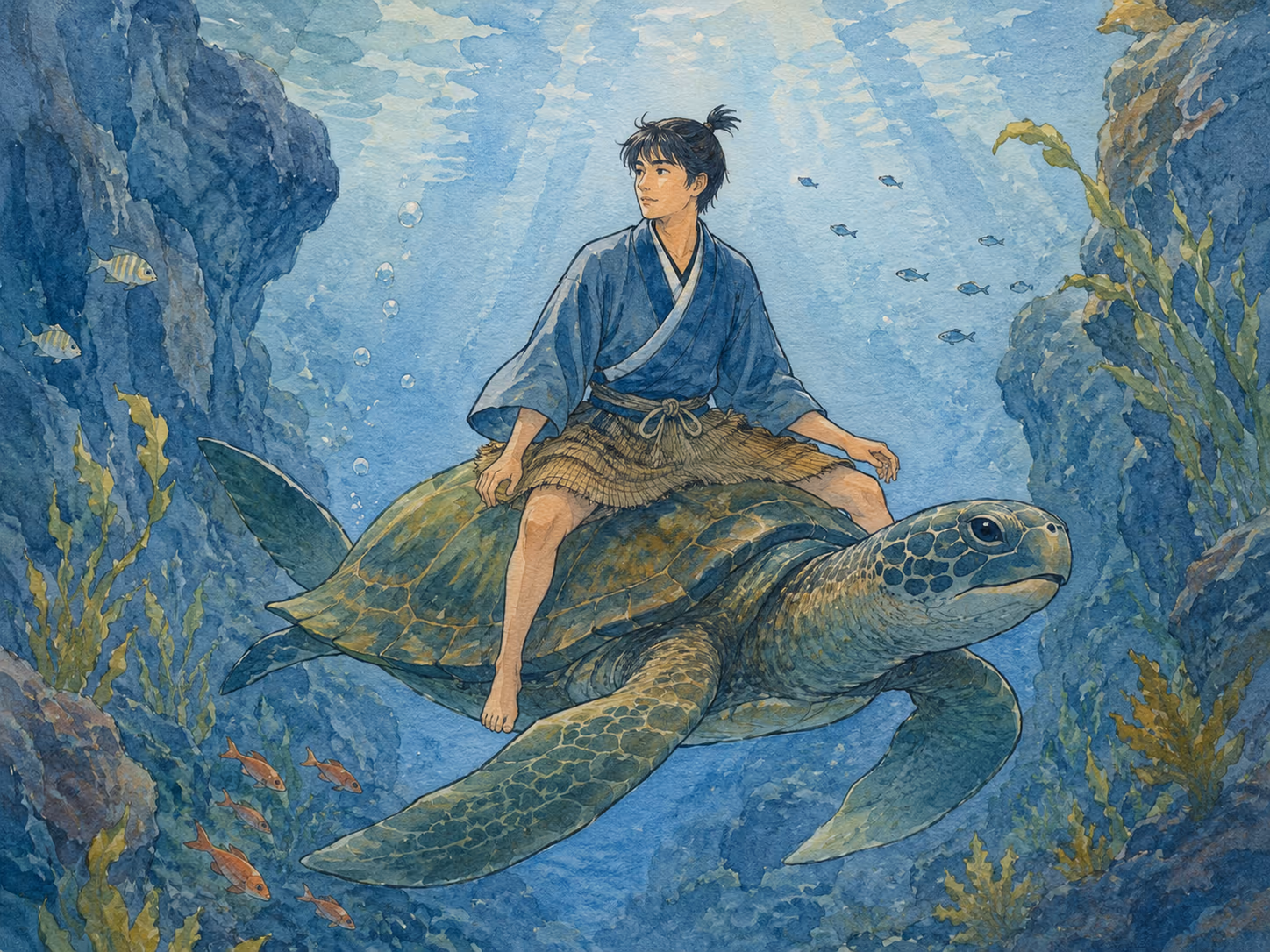 Urashima Taro riding a great turtle across the sea