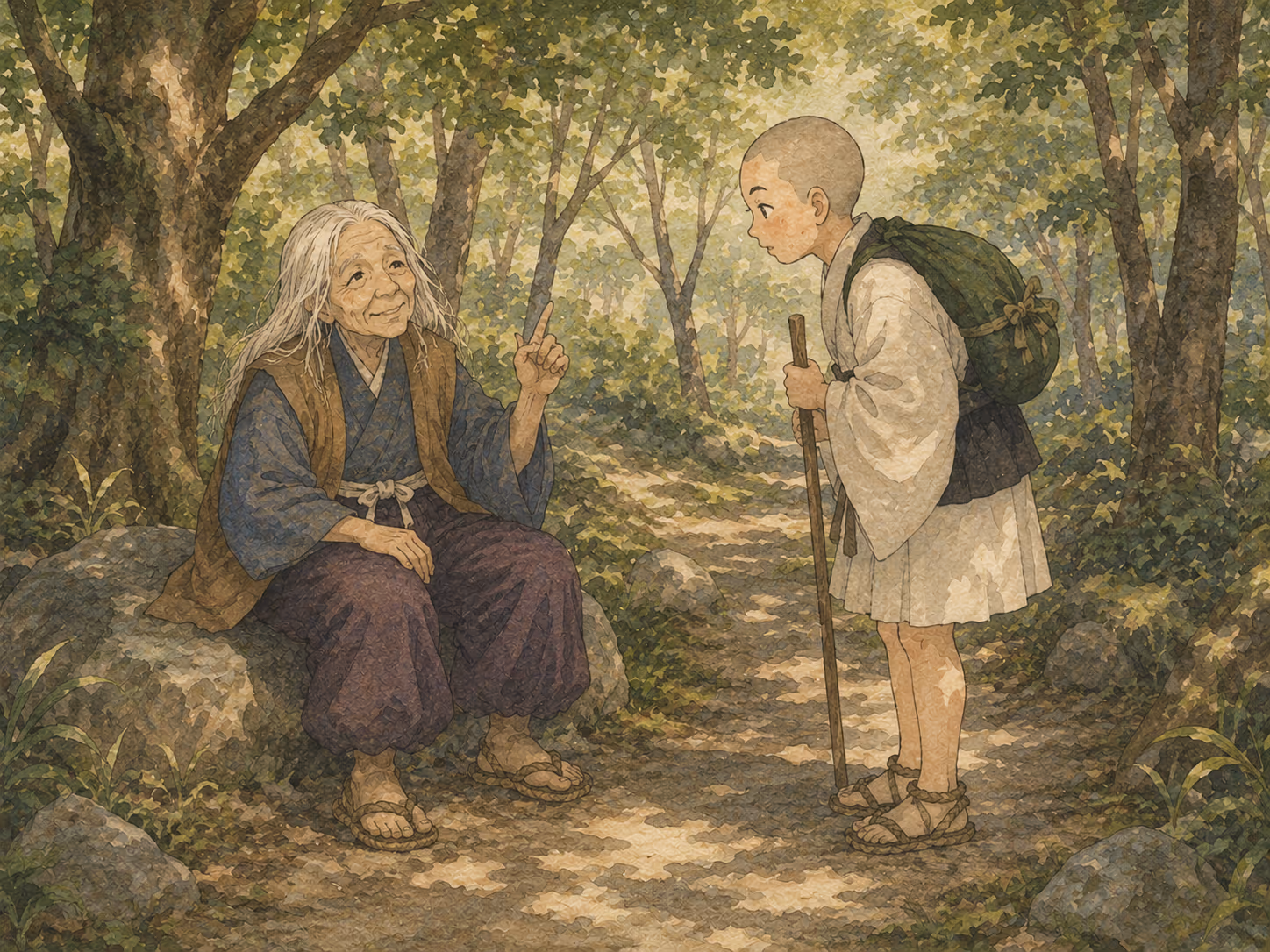 Illustrazione di La strega e il monaco: Mentre camminava sul sentiero di montagna, il monaco incontrò una vecchina seduta sul bordo della strada.