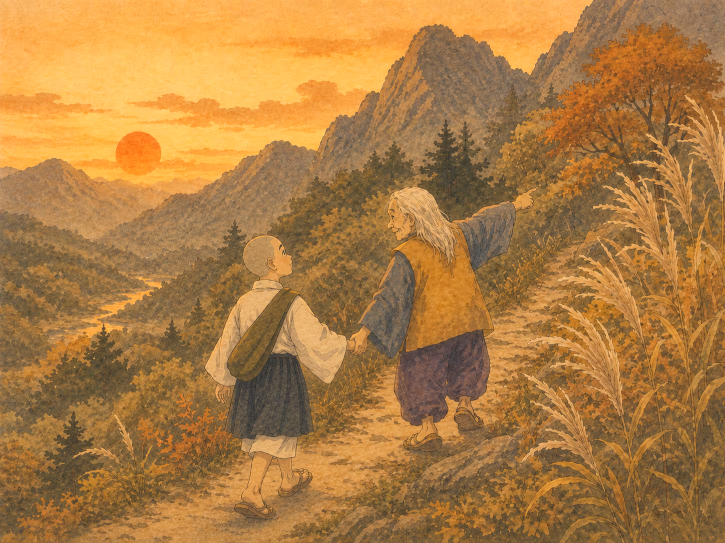 Illustrazione di La strega e il monaco: Il monaco decise di aiutarla e le prese la mano.