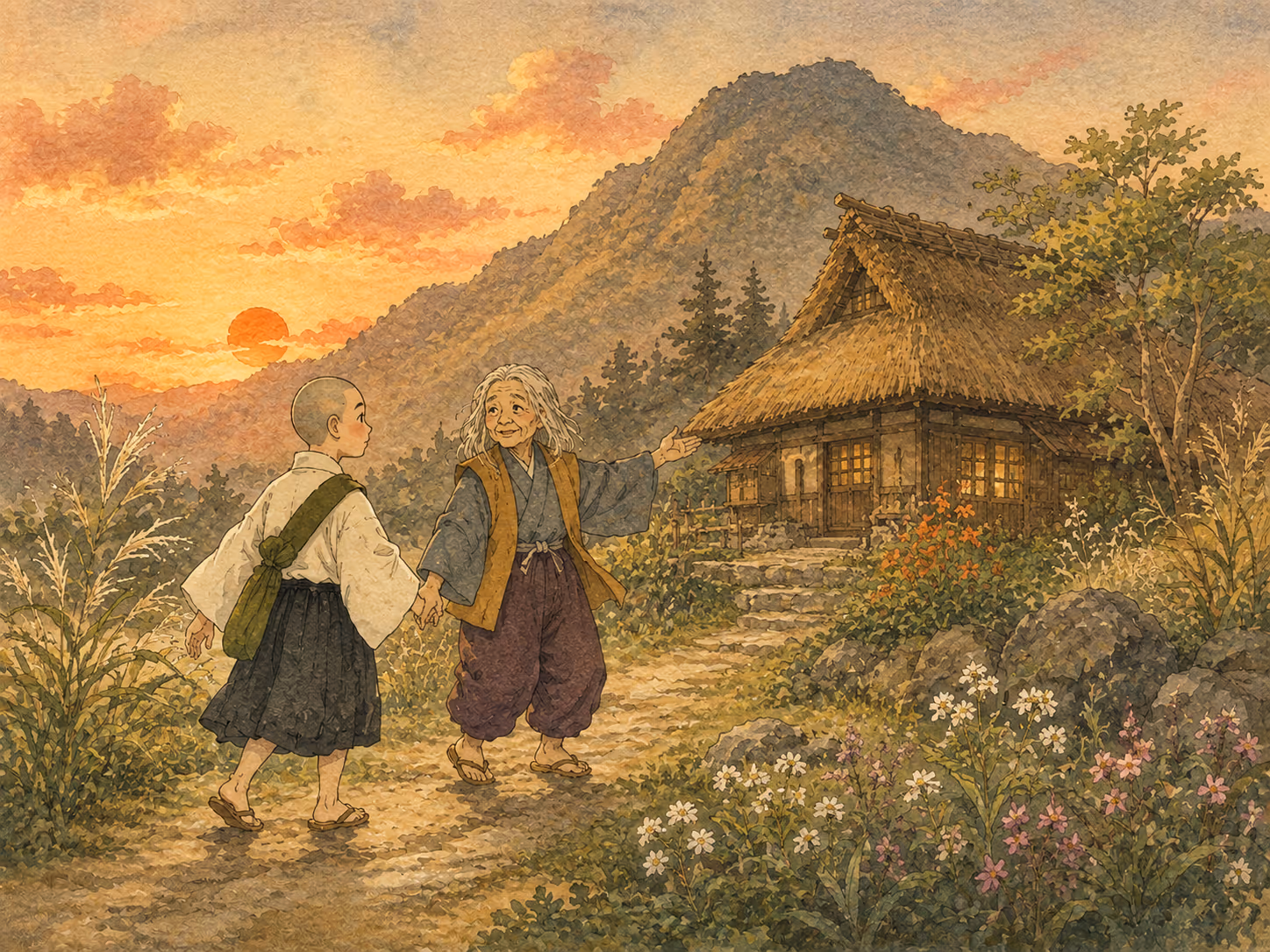Illustrazione di La strega e il monaco: Alla fine arrivarono a una casa tra i monti.