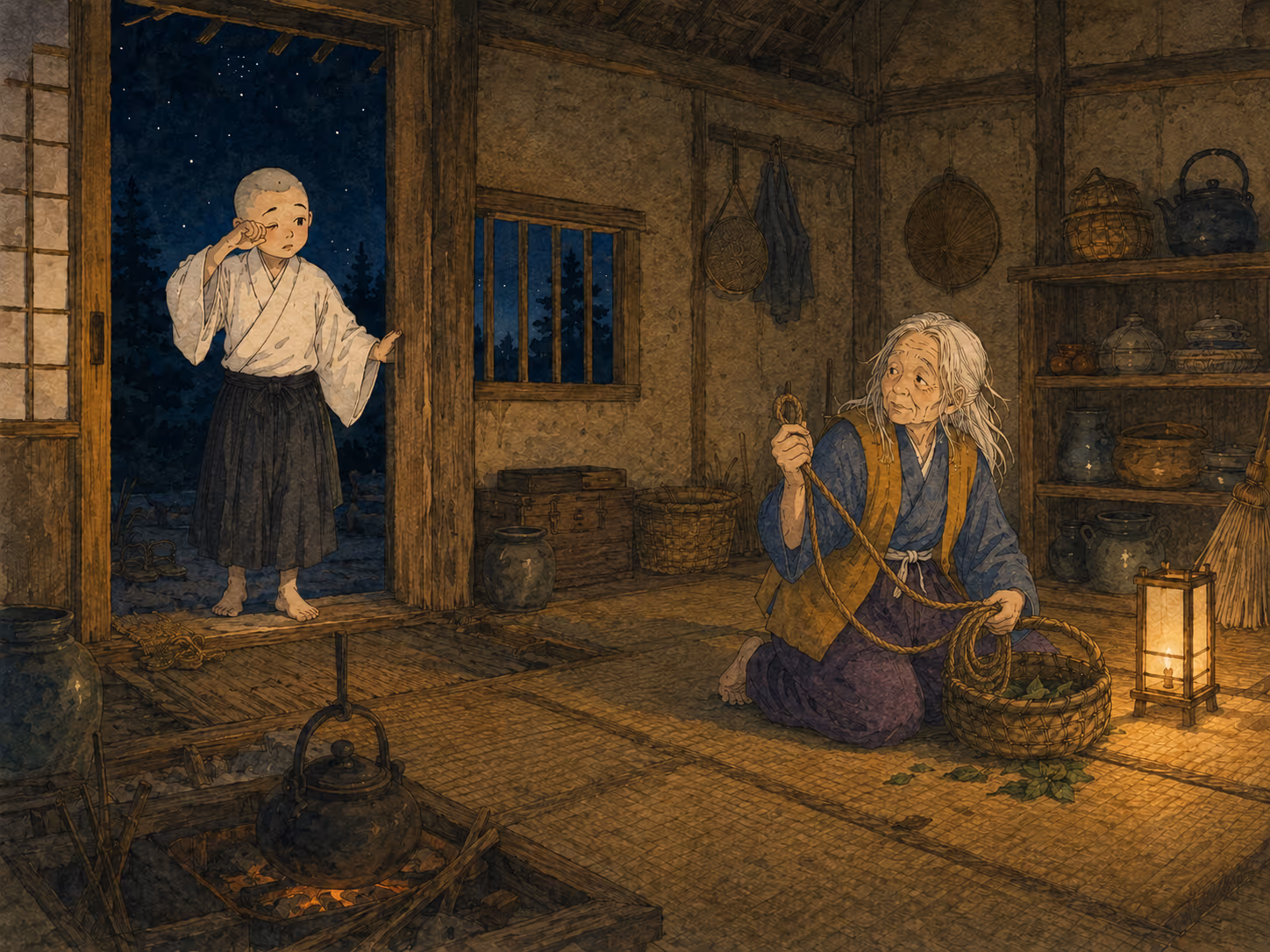 Illustrazione di La strega e il monaco: Nonna, nonna, devo andare al gabinetto, disse il monaco.