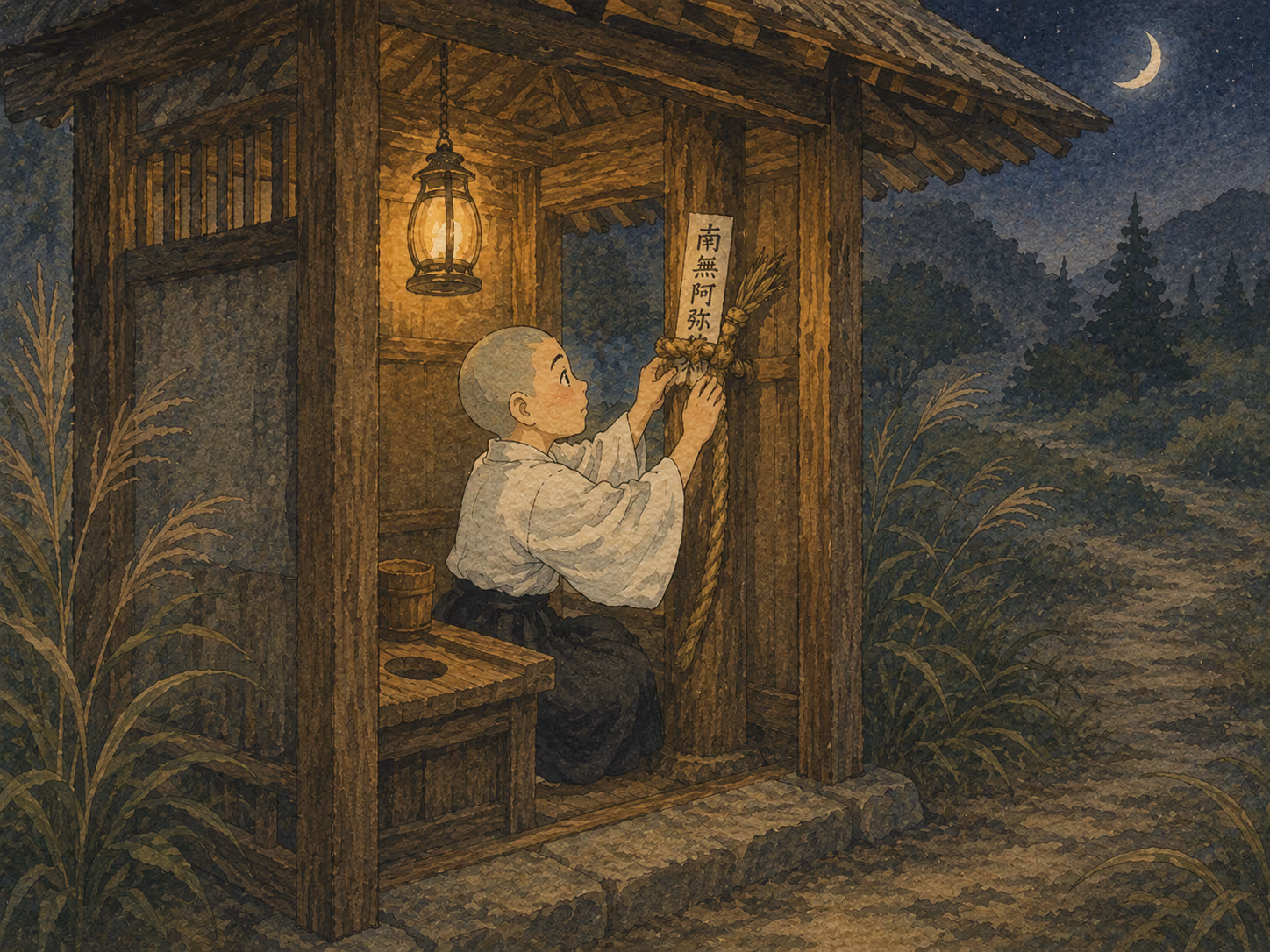 Illustrazione di La strega e il monaco: Giunto al gabinetto, il monaco sciolse la corda dalla vita e la legò a un pilastro insieme a uno degli ofuda...