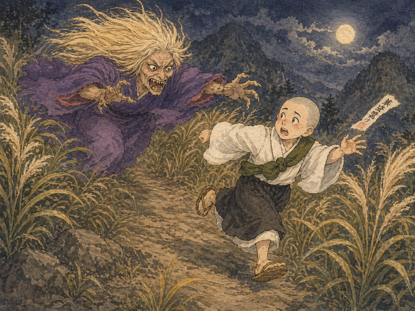 Illustrazione di La strega e il monaco: Alla fine la strega capì che il monaco non era più lì e cominciò a inseguirlo.