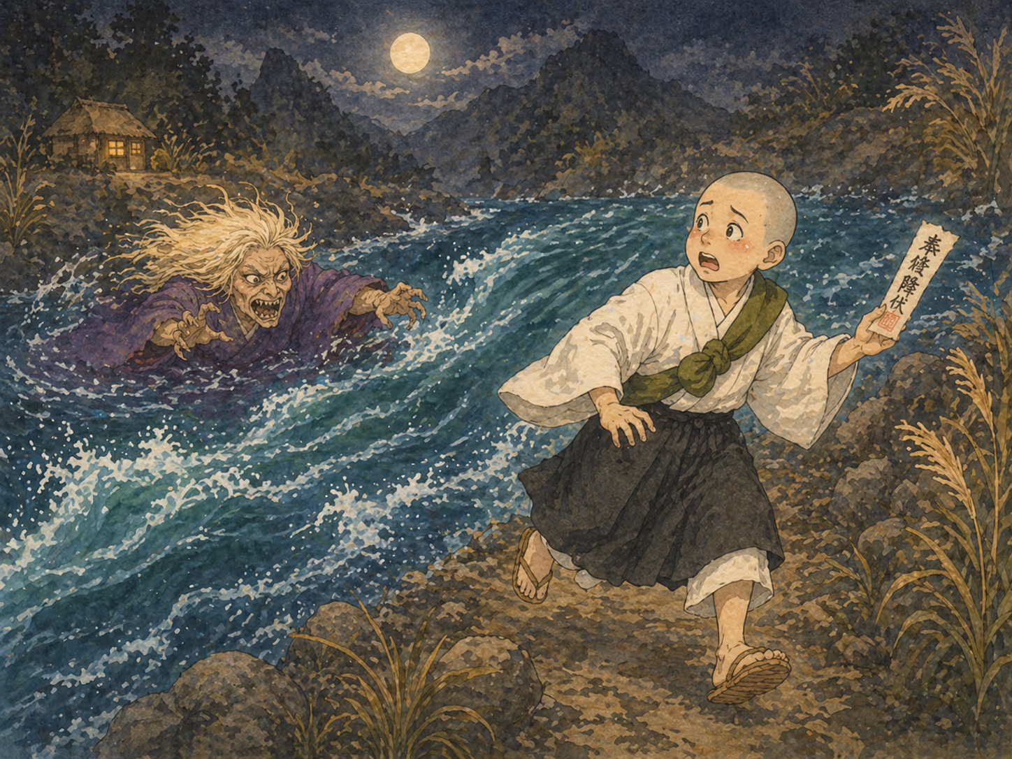 Illustrazione di La strega e il monaco: Allimprovviso, davanti alla strega apparve un grande fiume.