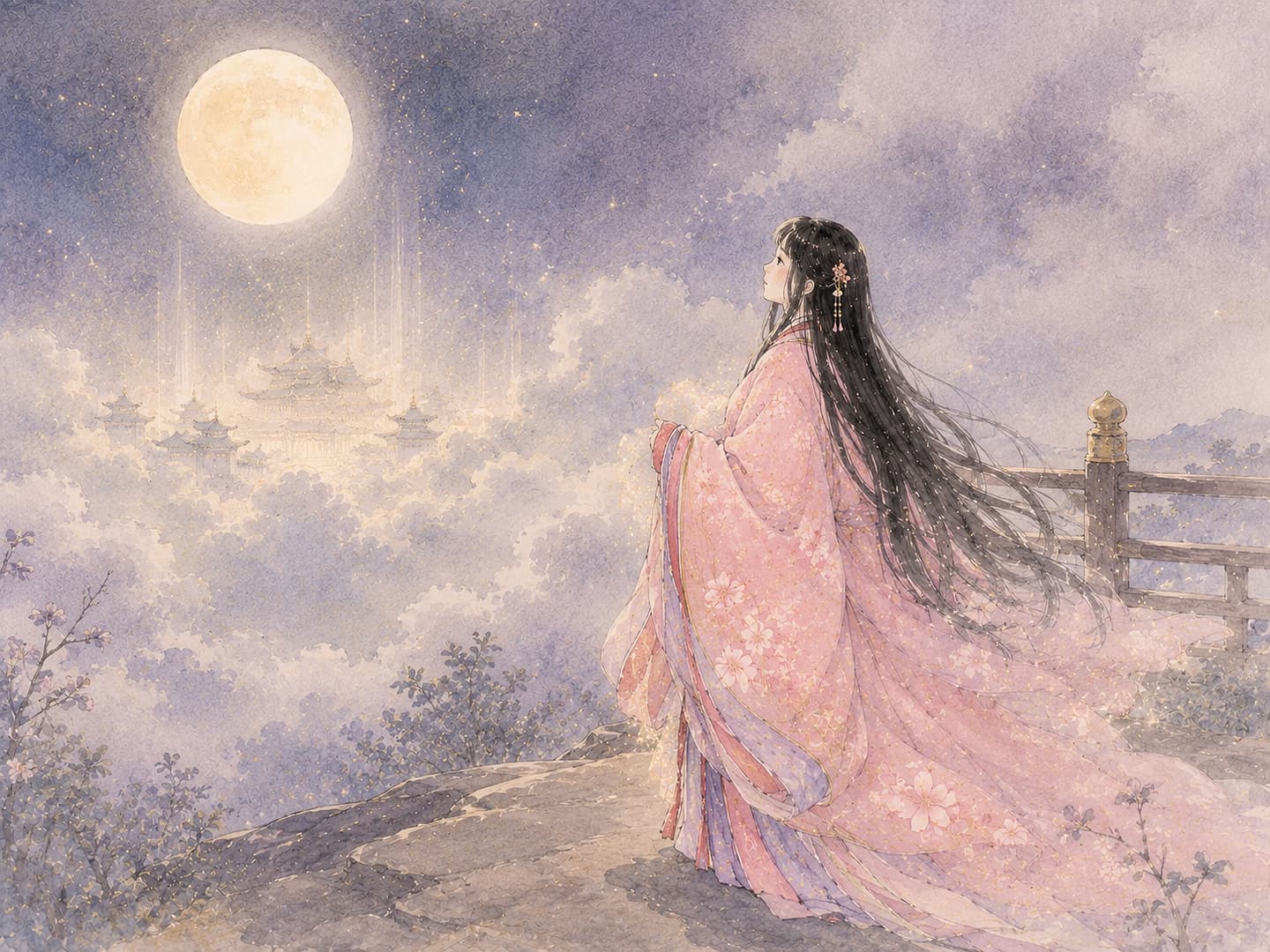 Kaguya-hime con kimono rosa mirando la Luna llena