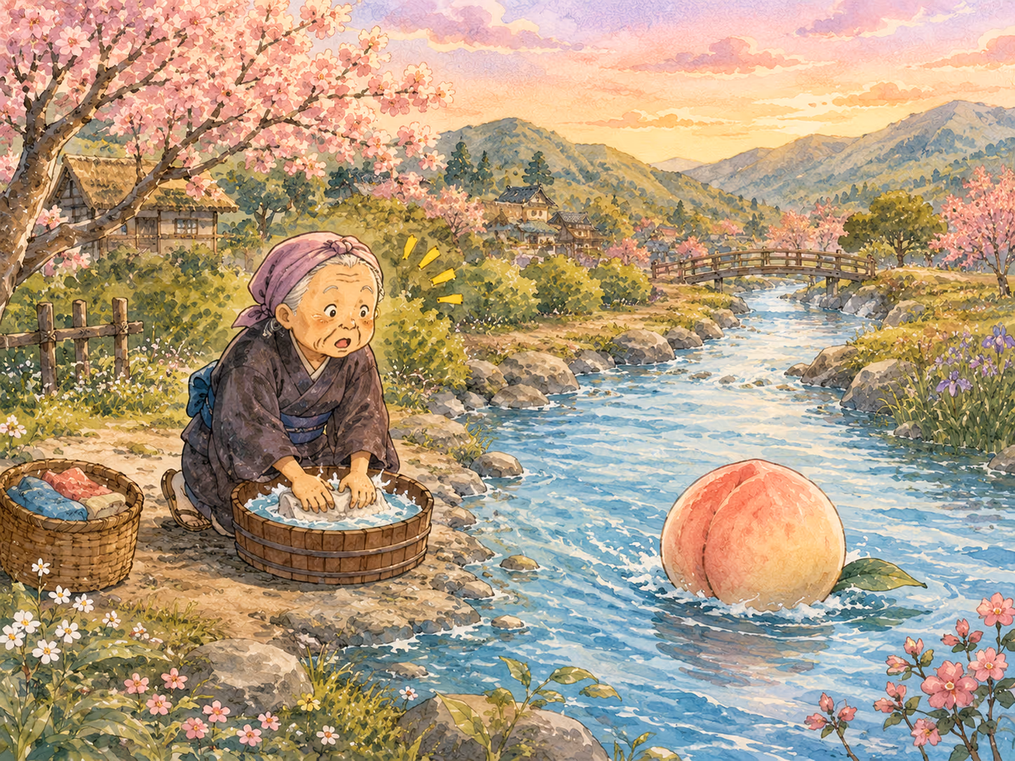 모모타로 삽화: 아주 먼 옛날, 어느 곳에 할아버지와 할머니가 살고 있었습니다.