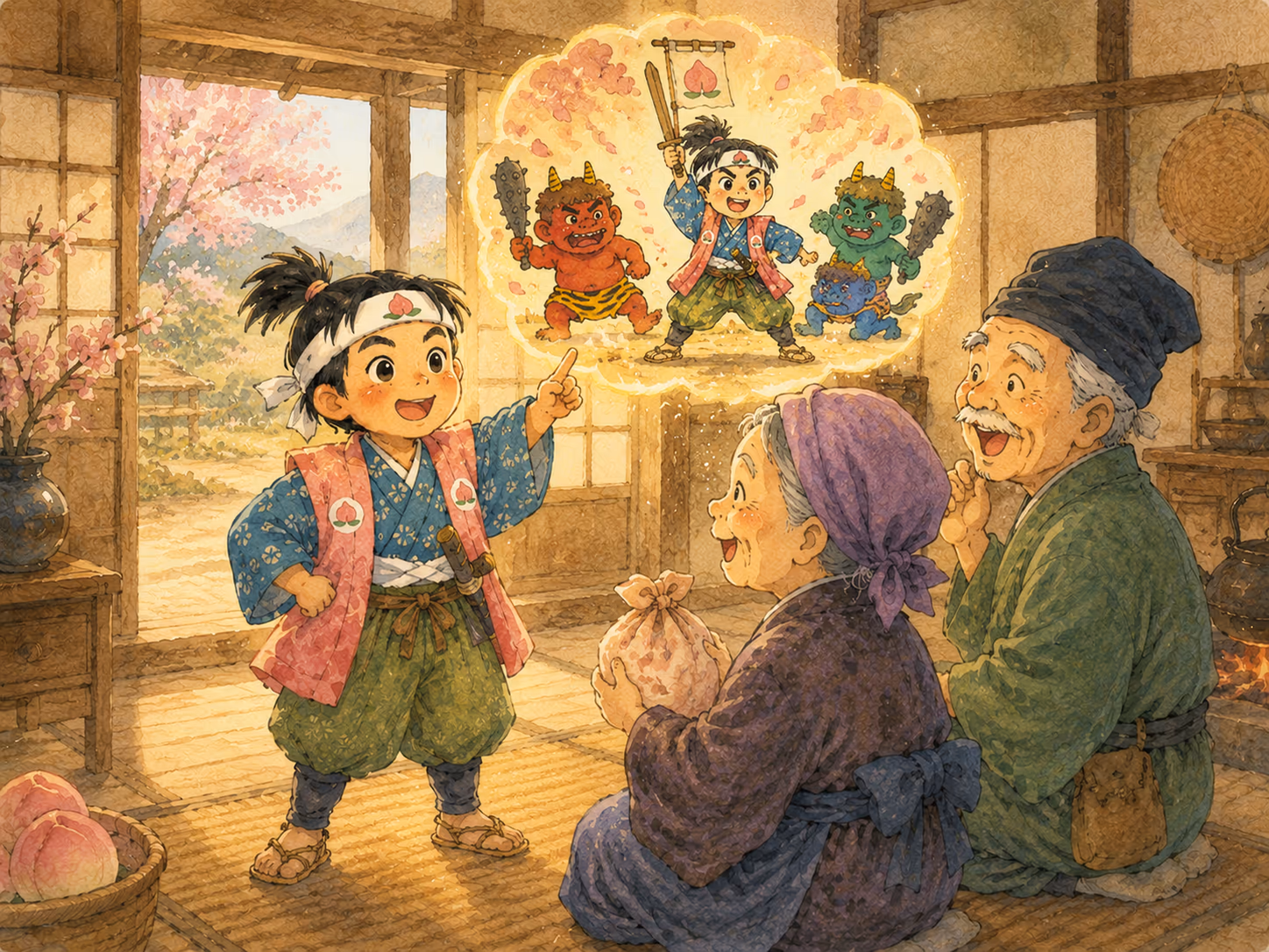 Ilustración de Momotaro: Momotaro creció deprisa y se volvió grande y fuerte.