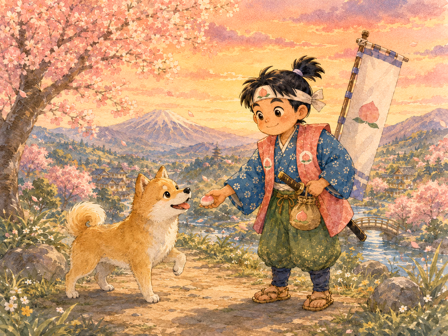 Ilustración de Momotaro: Mientras caminaba hacia la Isla de los Oni, donde ellos vivían, Momotaro se encontró con un perro.