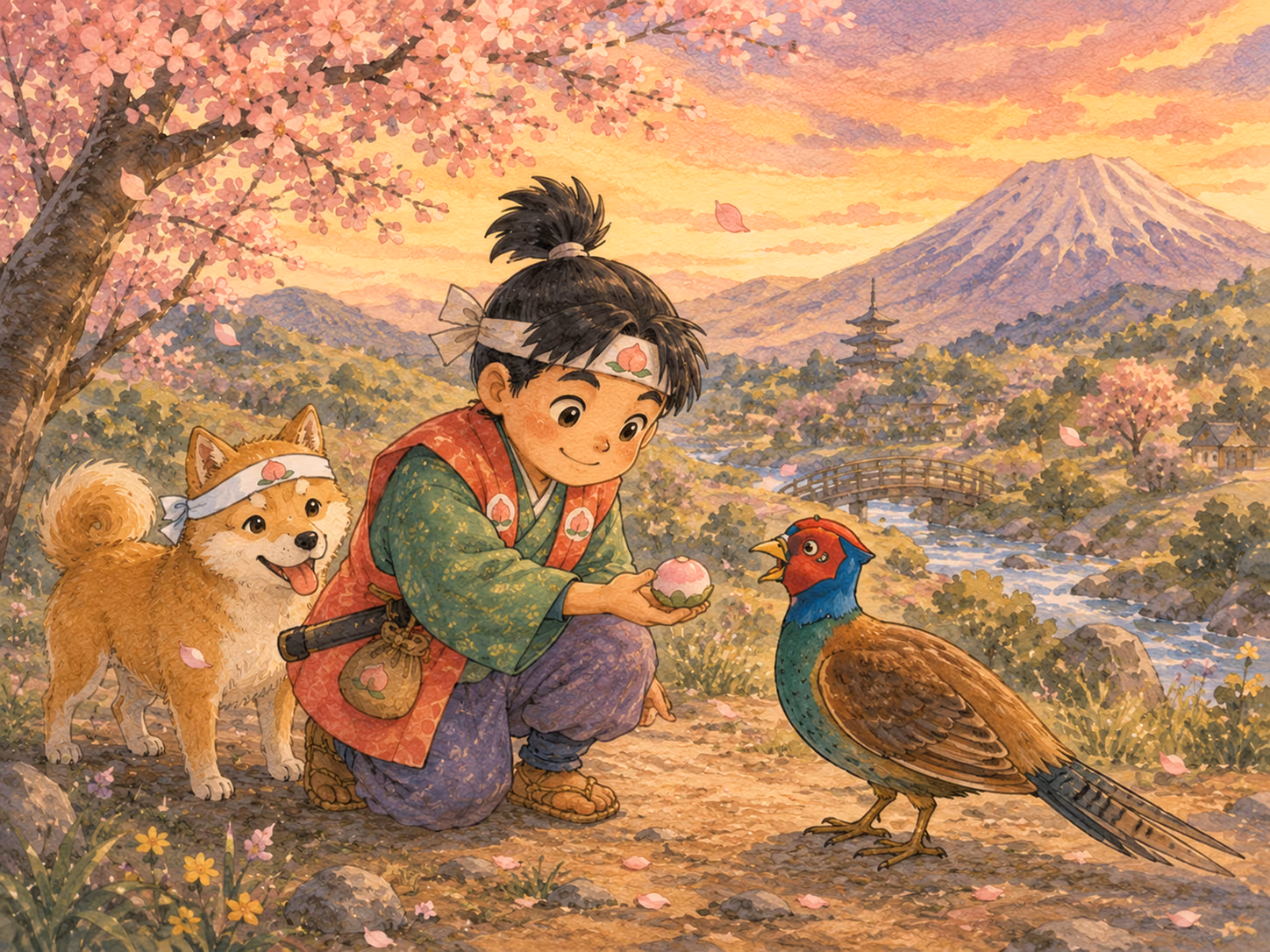 Ilustración de Momotaro: Así, el perro se convirtió en compañero de Momotaro.
