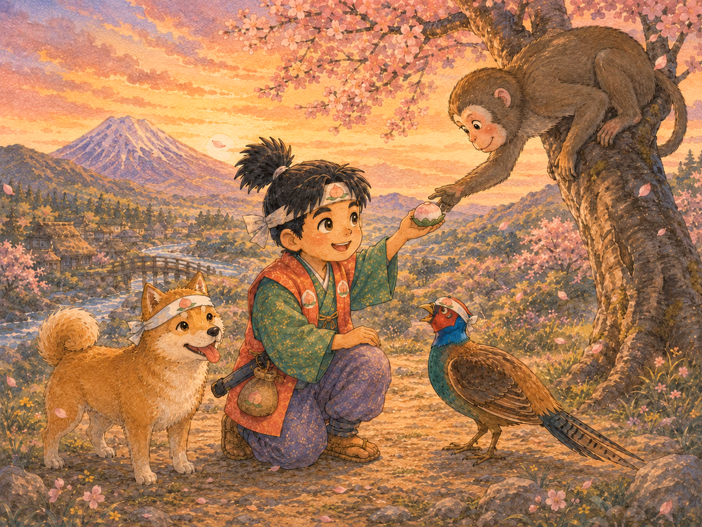 Ilustración de Momotaro: Más adelante, después de caminar un poco más, apareció un mono.