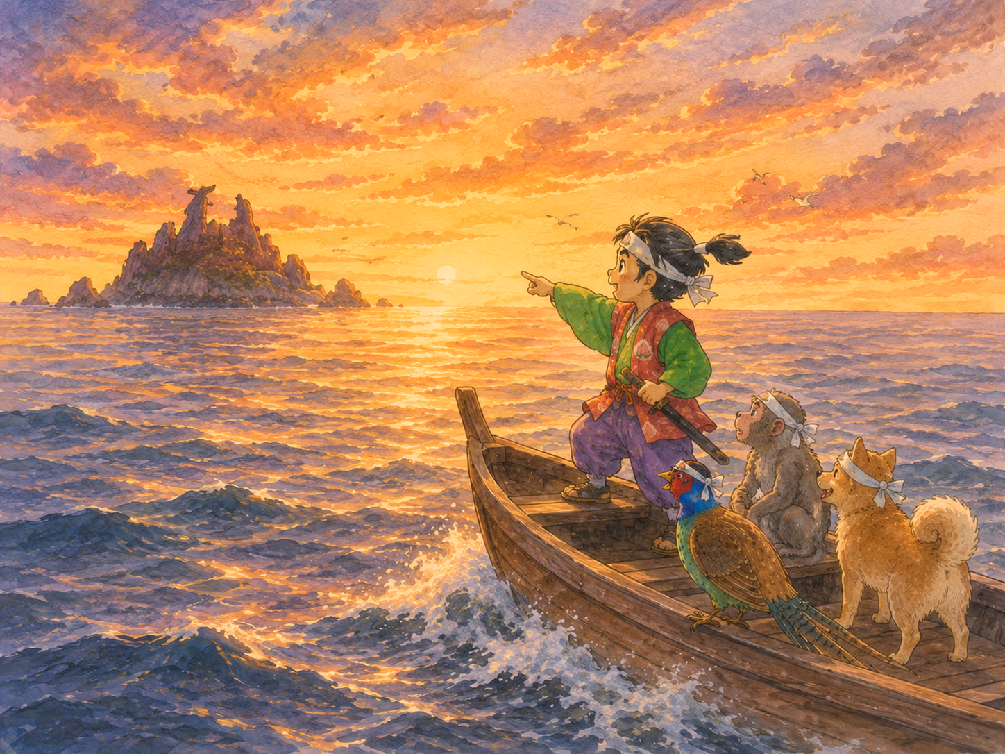 Ilustración de Momotaro: Así, Momotaro, el perro, el faisán y el mono se hicieron compañeros y continuaron el viaje rumbo a la Isla...