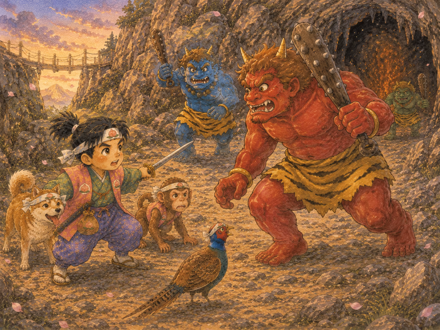 Ilustración de Momotaro: Cuando Momotaro y sus compañeros llegaron a la Isla de los Oni, aparecieron oni rojos, azules y verdes.