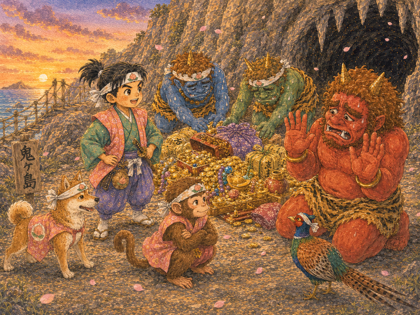 Ilustración de Momotaro: Los oni se rindieron y pidieron perdón: Nunca volveremos a hacer maldades.