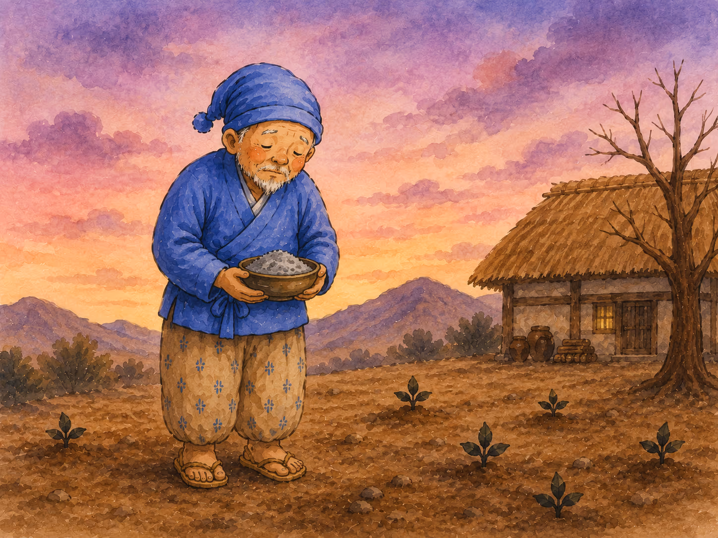 Illustrazione di Il buon vecchio e il cattivo vecchio: Il buon vecchio andò a riprendere lusu, ma il vicino disse: Bah!