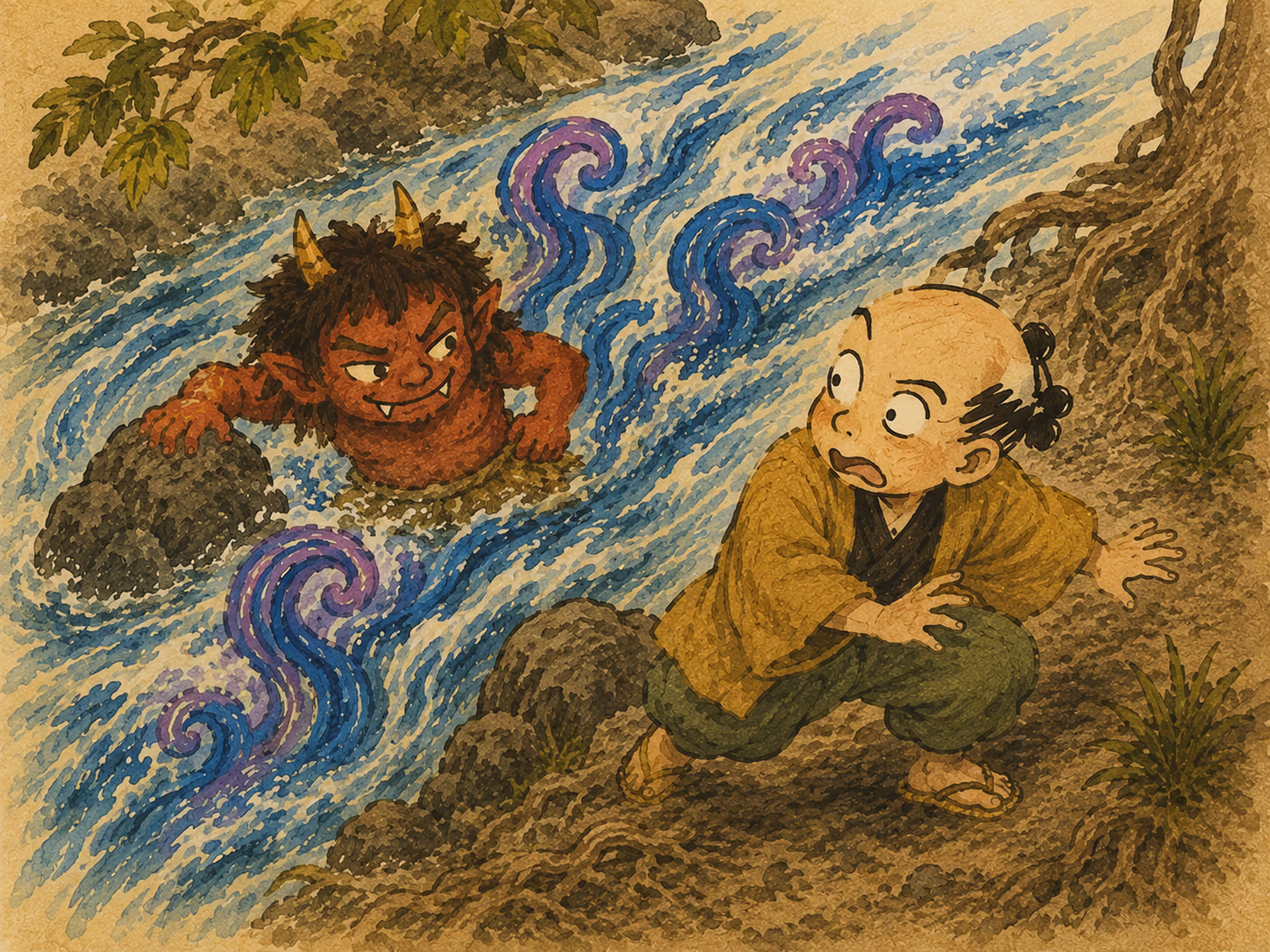 Ilustración de El carpintero y el demonio: Mientras pensaba en cómo levantar el puente, algo surgió de pronto del agua.