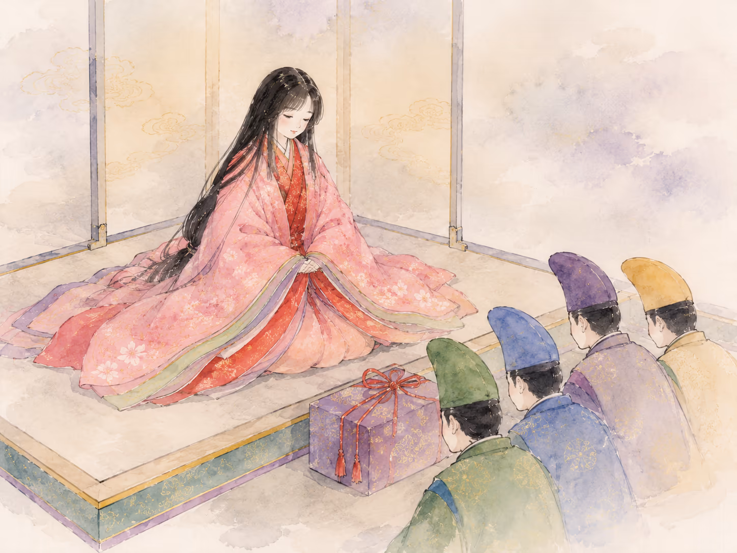 Pretendentes trazem presentes para a Princesa Kaguya