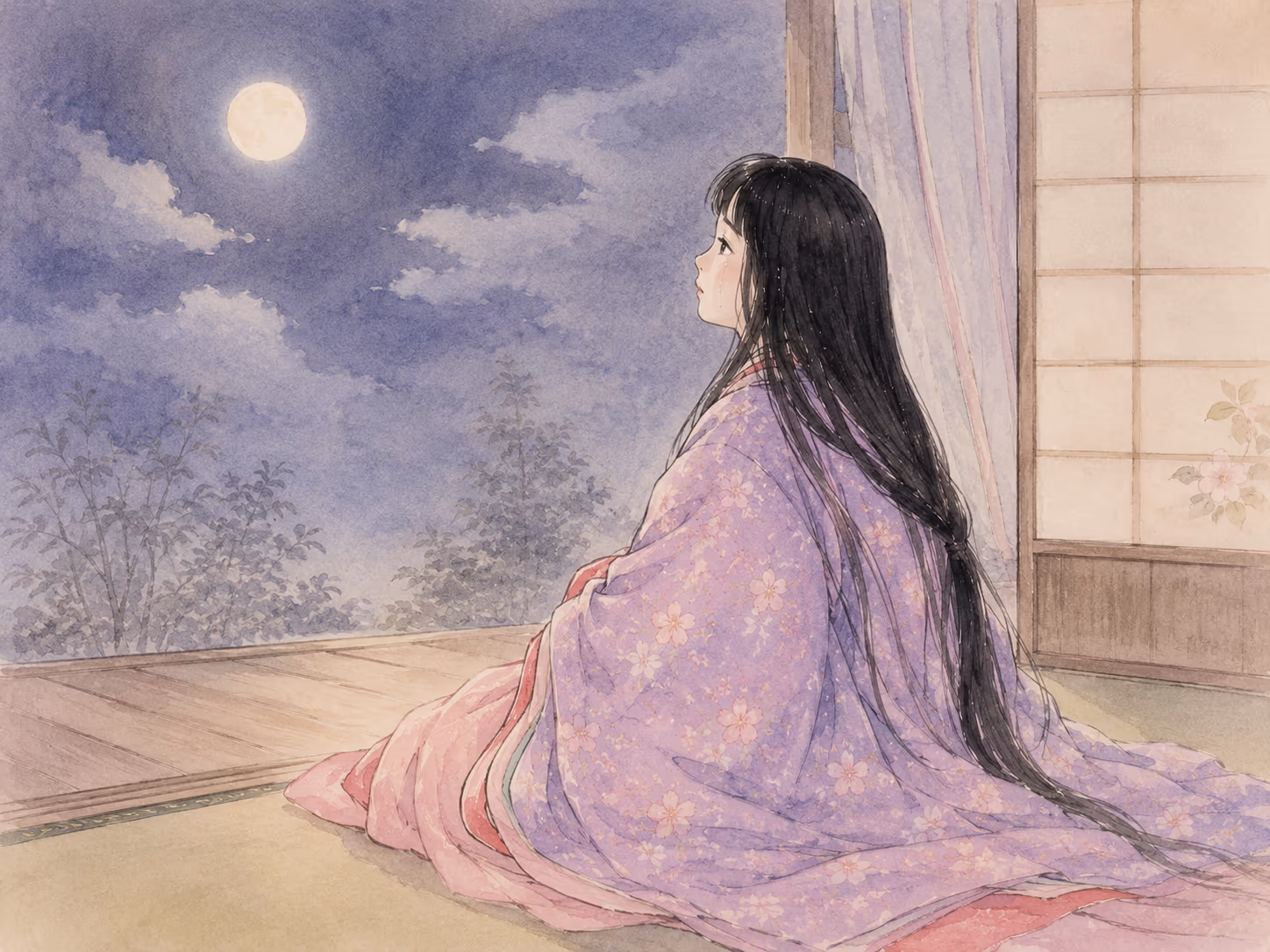 Princesa Kaguya chora olhando para a Lua