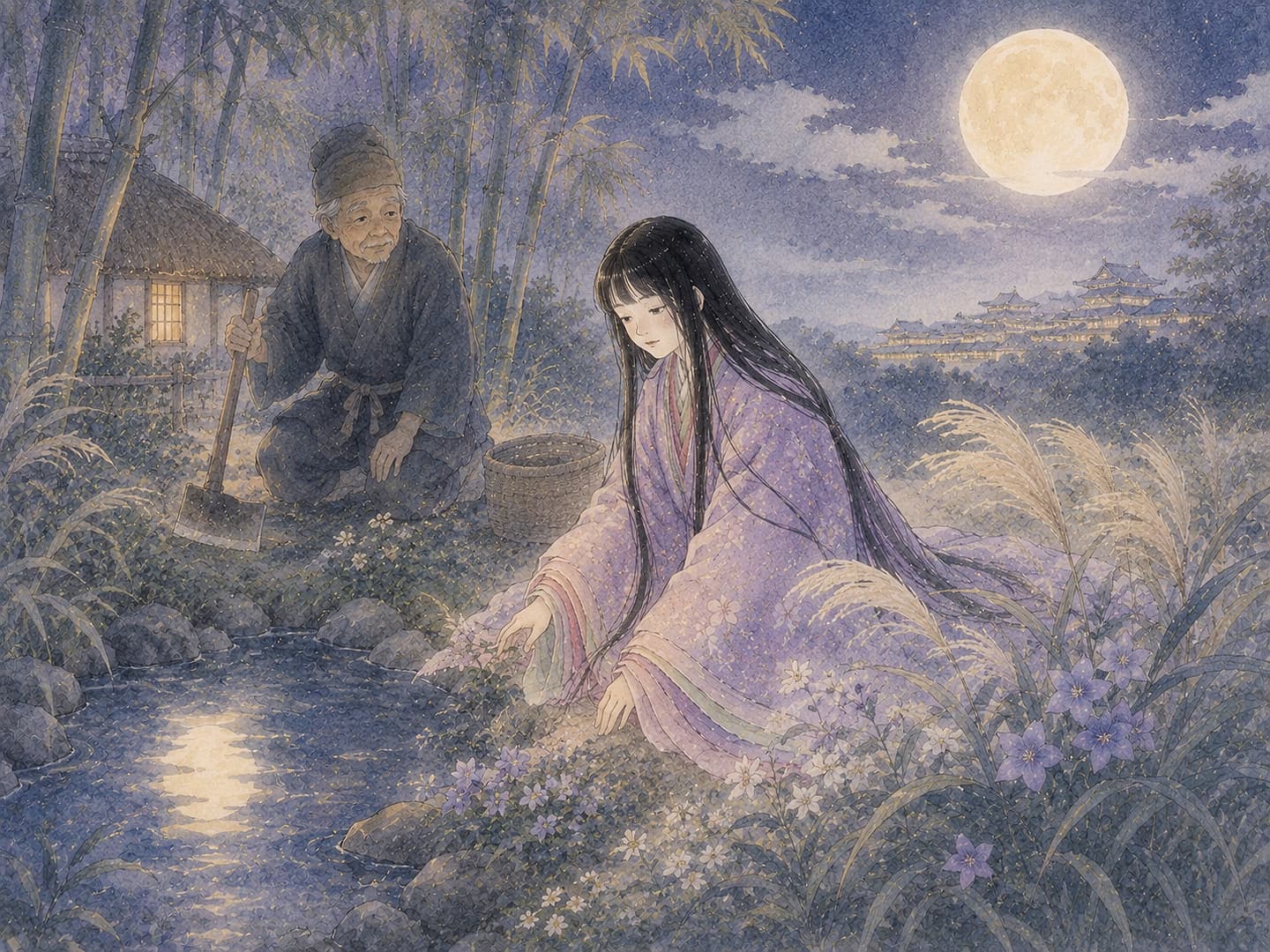Ilustración de Taketori Monogatari con bambú luminoso, pergamino y Luna