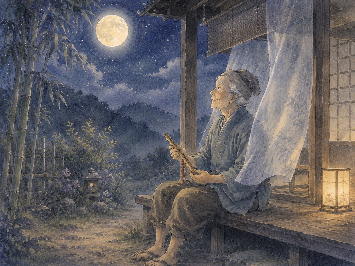 Taketori no Okina de noche con bambú en las manos bajo la Luna