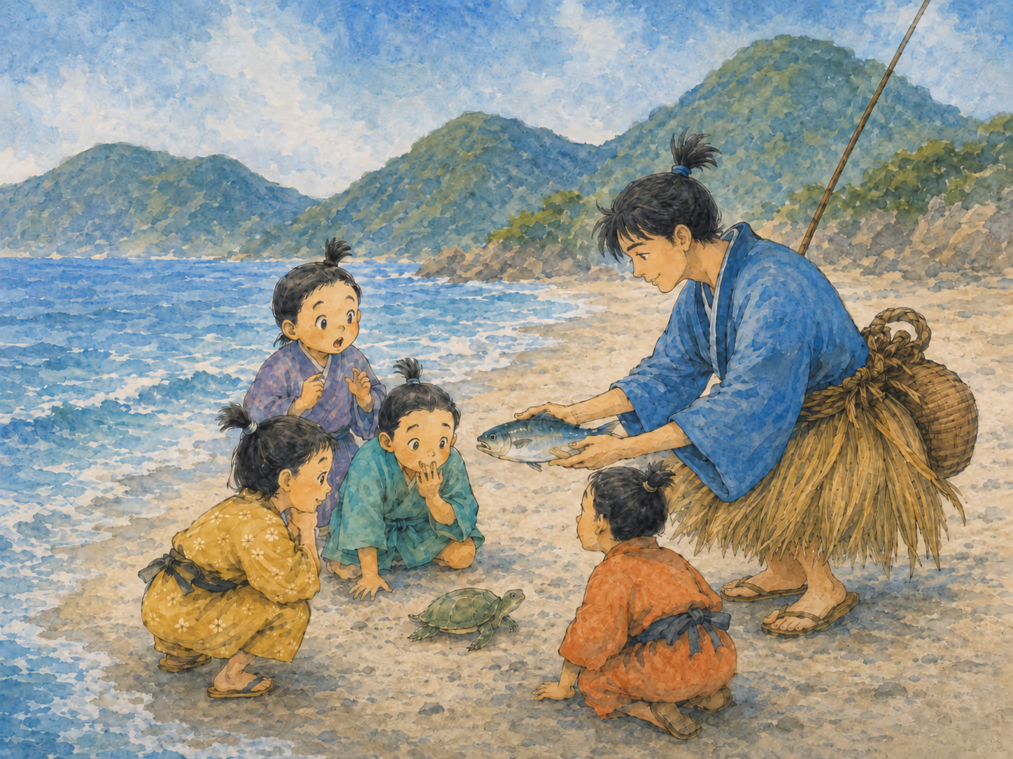 Urashima Taro e crianças na praia