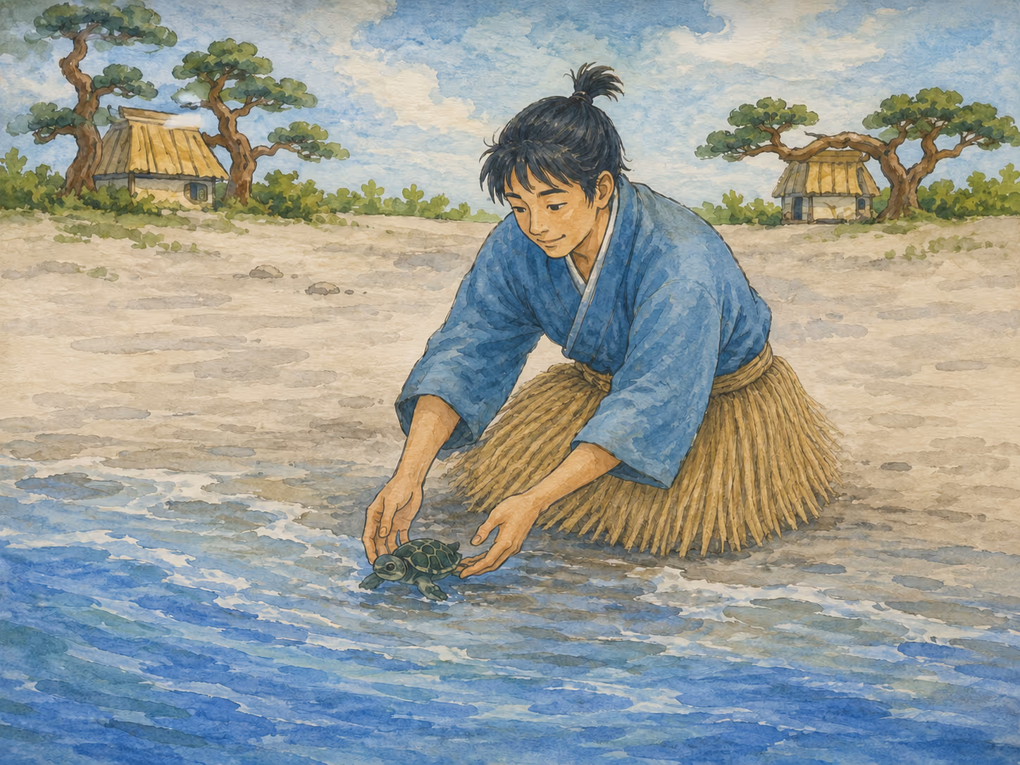 Urashima Taro devolvendo a pequena tartaruga ao mar