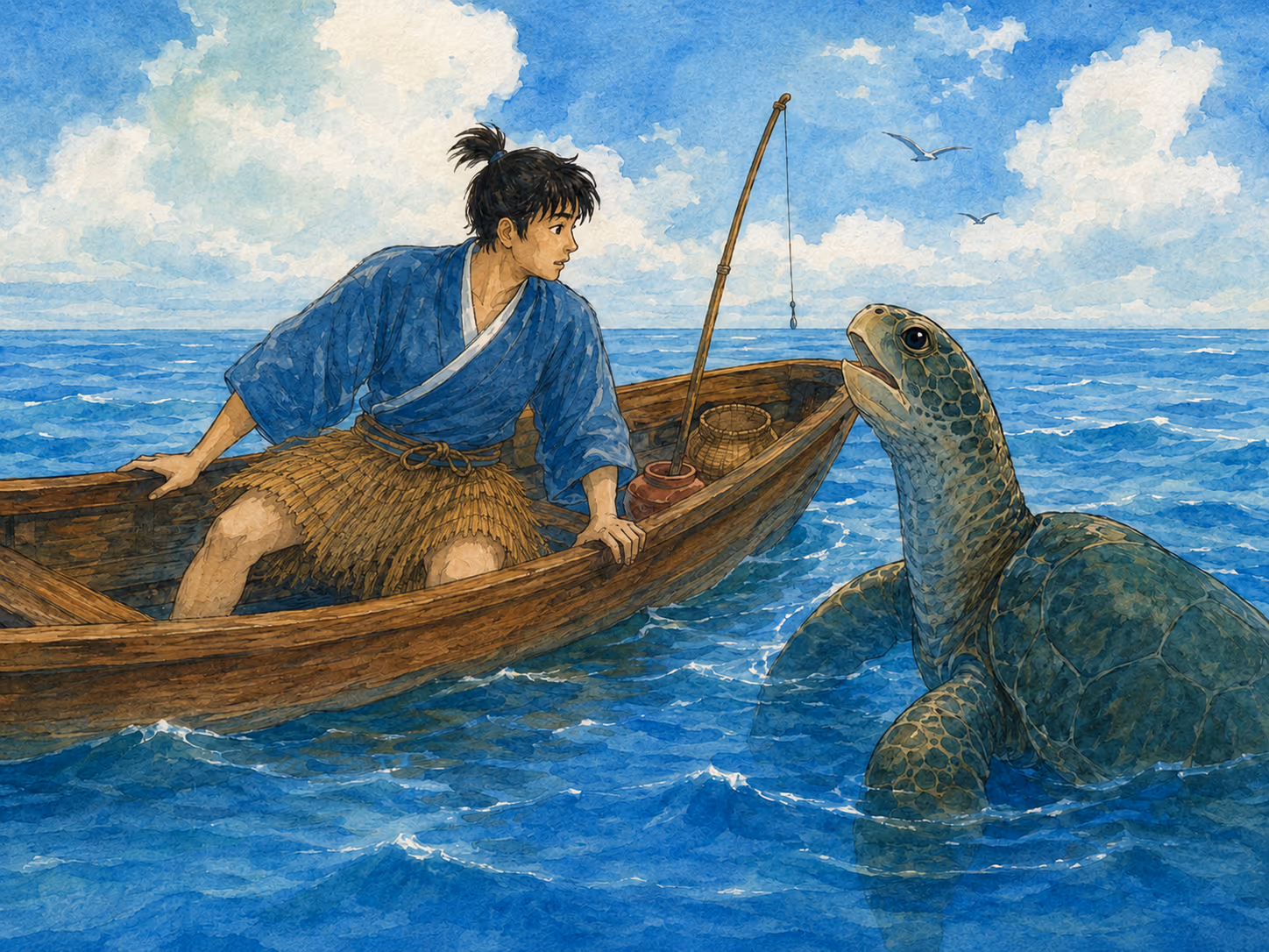 Illustration zu Urashima Taro: Einige Tage später fischte Taro in seinem Boot, als er eine Stimme hörte: Taro, Taro.