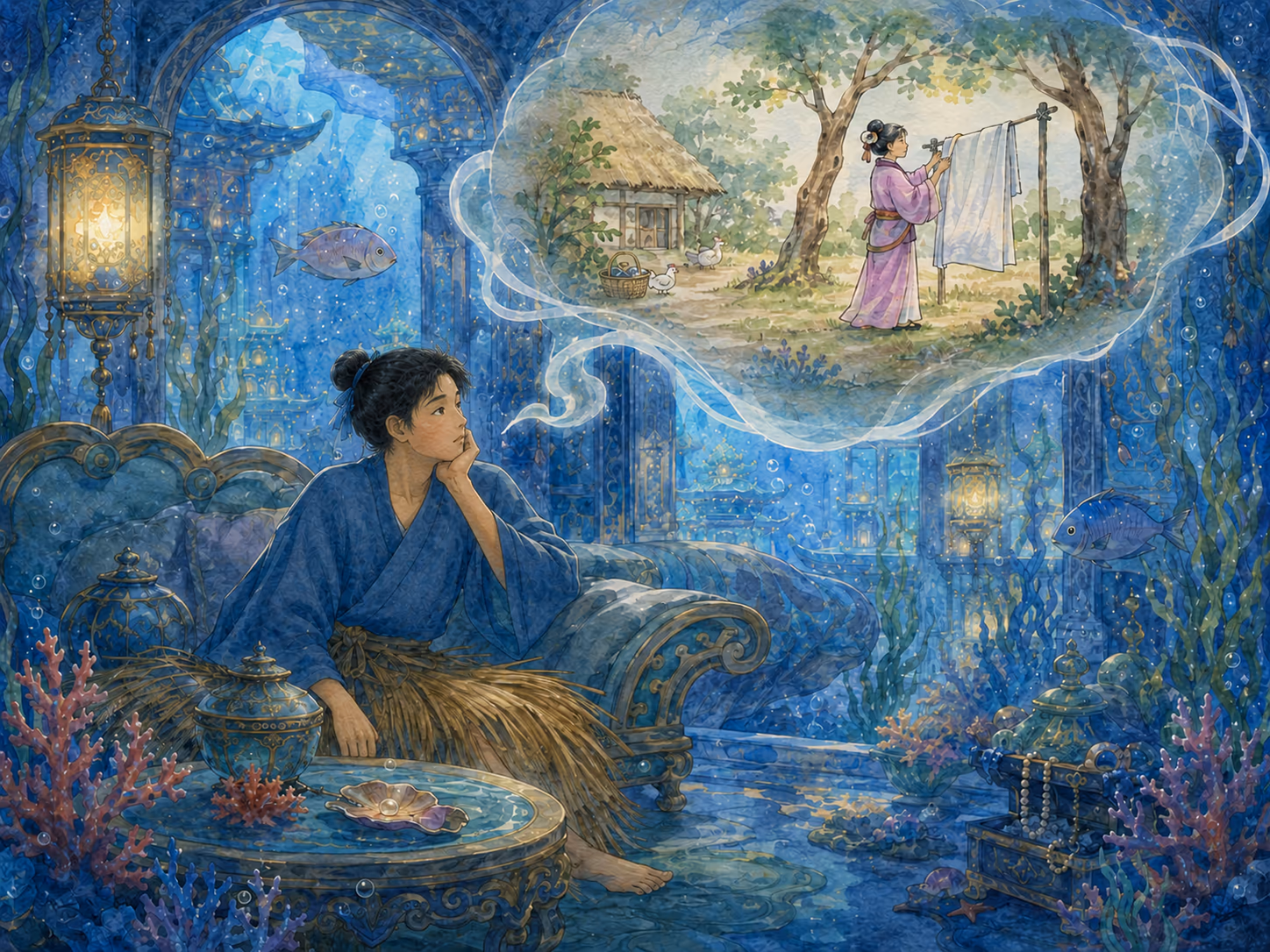 Illustration zu Urashima Taro: So vergaß Taro den Lauf der Zeit.