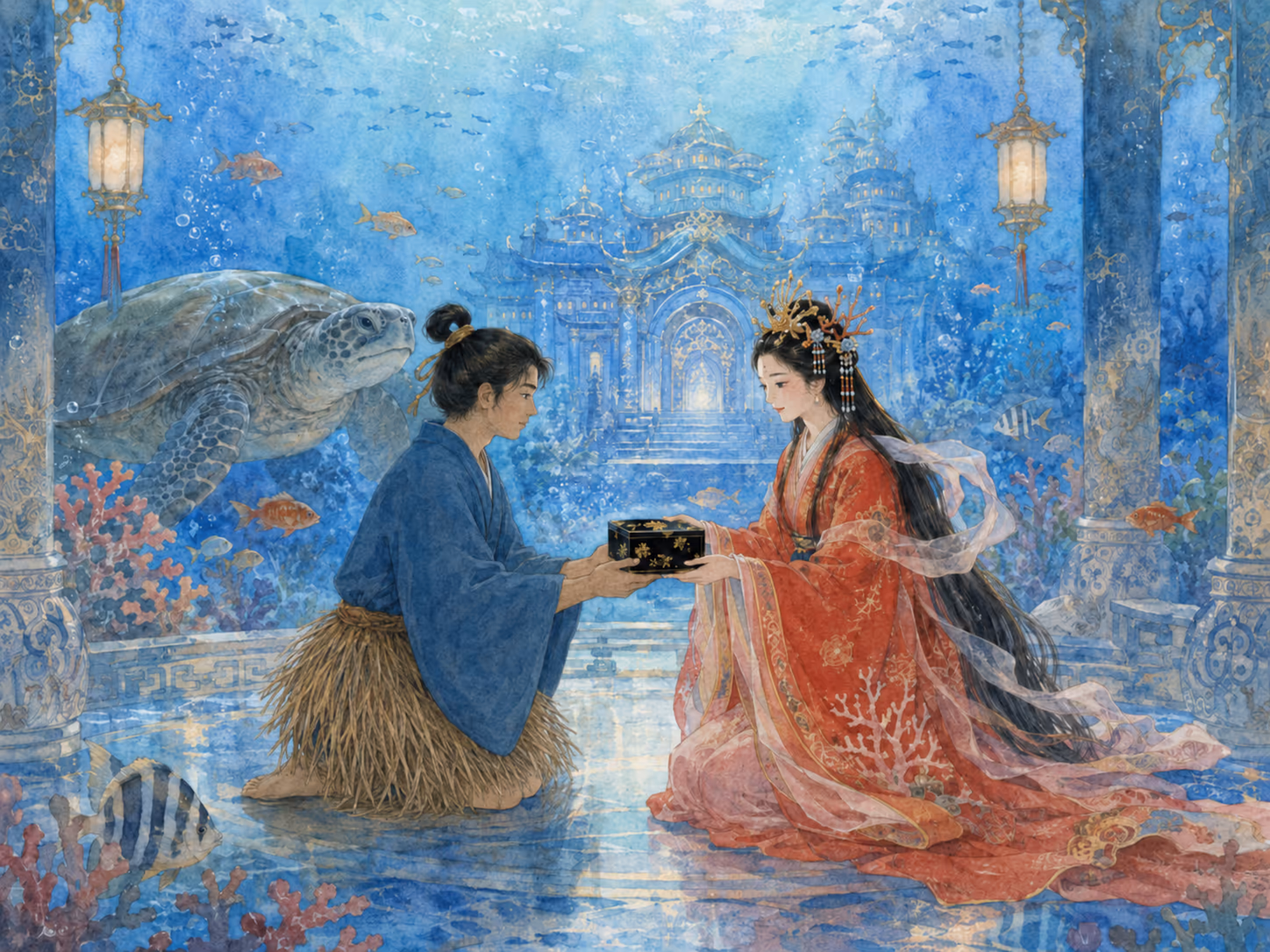 Illustration zu Urashima Taro: Taro ging zur Prinzessin und sagte: Seit meiner Ankunft im Palast sind sieben Tage vergangen, deshalb muss...