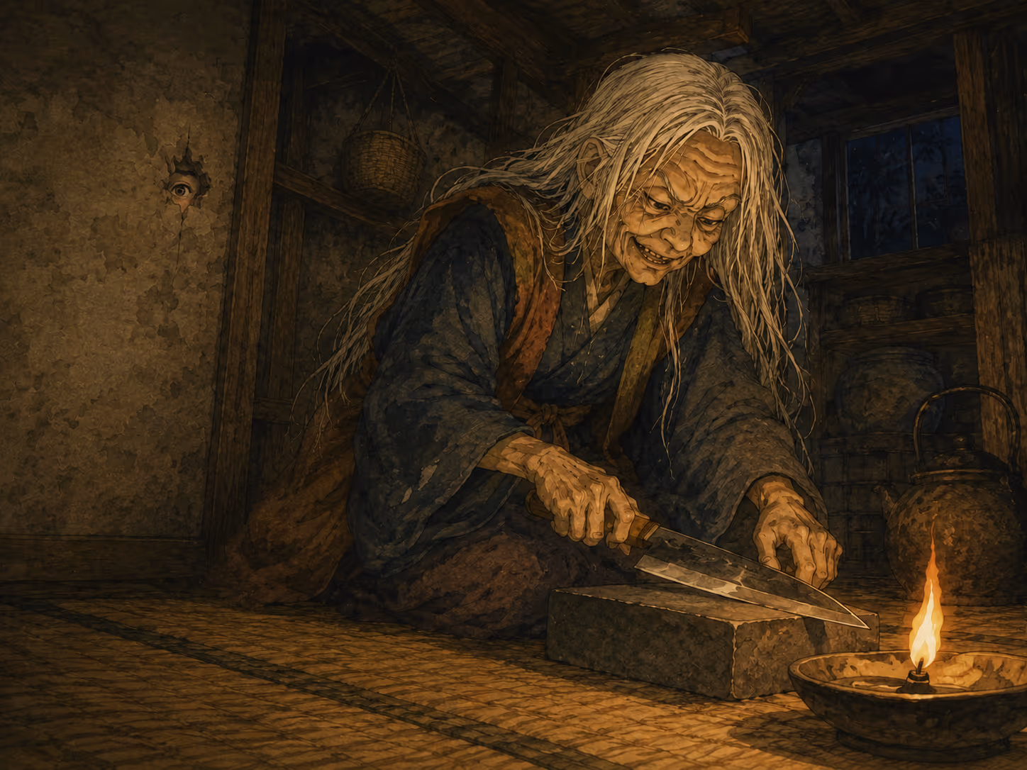 Illustration de La sorcière et le moine : Au milieu de la nuit, le moine se réveilla au bruit de quelque chose que l’on aiguisait.