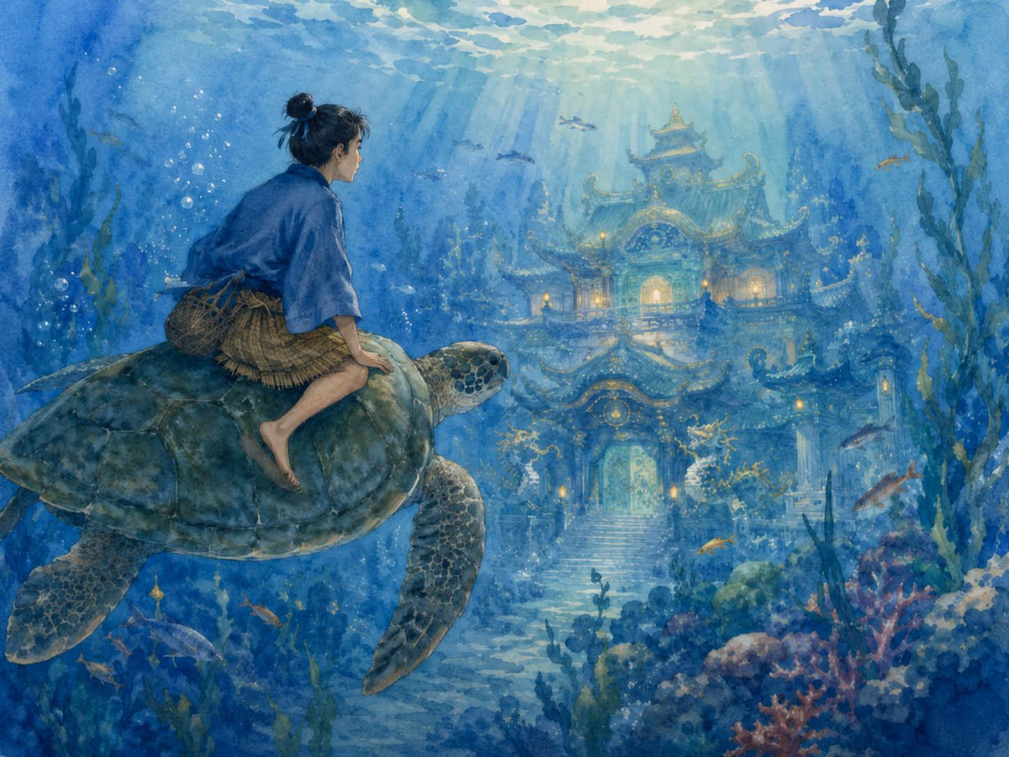 Illustrazione di Urashima Taro: Sorpreso, Taro rispose: Mi porterai a un palazzo?
